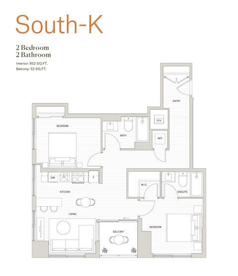 Floor plan for 2 beds, 2 baths, 949 sqft
